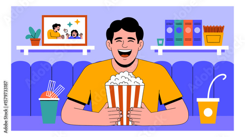 Man joyfully watching a movie at home with popcorn and a drink enjoying leisure time entertainment