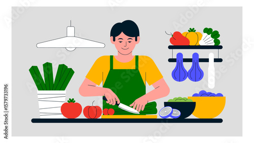 Man preparing food in the kitchen with fresh vegetables and ingredients for a healthy meal at home