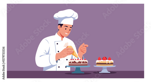 Professional baker decorating cakes with strawberries and cream in a bright kitchen setting, creating visually appealing desserts