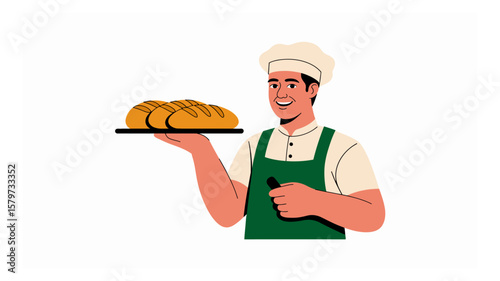 Smiling baker holding tray of freshly baked bread loaves in a vector illustration with warm tones and clean lines