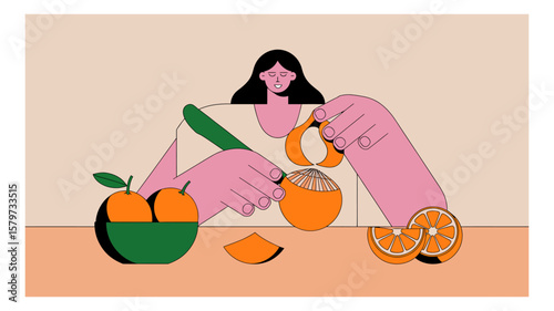Woman preparing fresh orange juice with peeler and reamer in a minimalist vector illustration for healthy lifestyle and nutrition