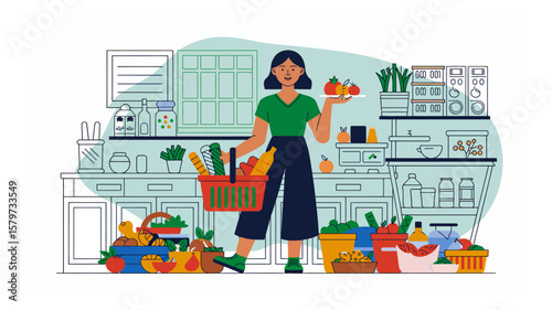 Woman with shopping basket filled with fresh produce in a well stocked pantry illustration, promoting healthy eating and sustainable lifestyle