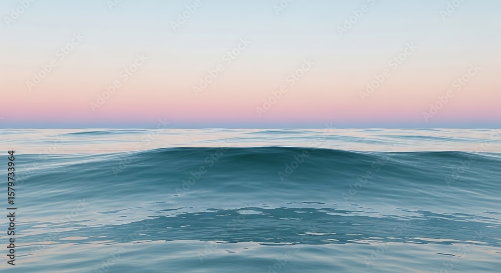 Fototapeta premium Serene ocean waves at sunset, pastel sky hues reflecting on calm water surface.