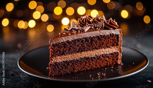 Chocolate cake slice with glossy ganache, ideal for premium dessert branding, chocolate ads or upscale bakery content
