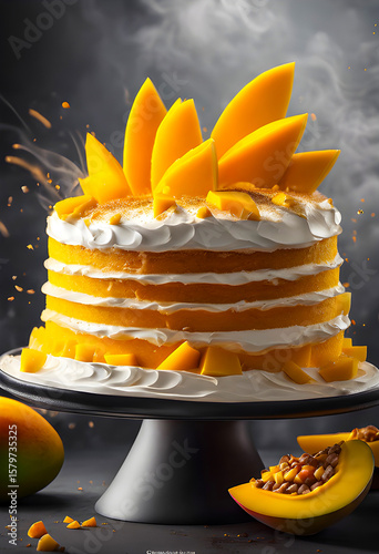 Delicious mango cake on a black background with ingredients around.