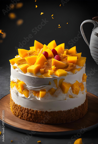 Delicious mango cake on a black background with ingredients around.