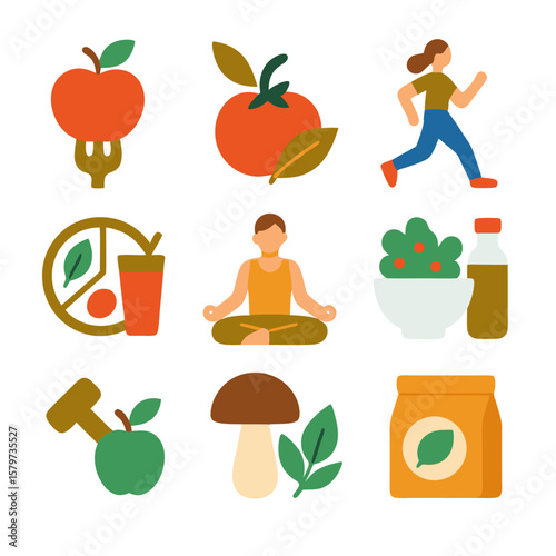 Superfood and fitness icons for health and wellness concept. Suitable for articles, websites, social media, and infographics on healthy living.