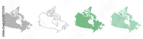 Set of Canada map silhouettes in gray, outline, flat green, and watercolor texture styles.

