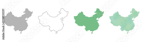 Set of China map silhouettes in gray, outline, flat green, and watercolor texture styles.

