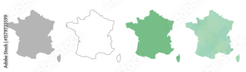 Set of France map silhouettes in gray, outline, flat green, and watercolor texture styles.

