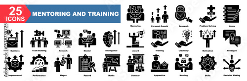 mentoring and training icon collection set.Mentoring,Personal Growth,Research,Problem Solving,Notes,Business,Team Building.Flat icon collection.