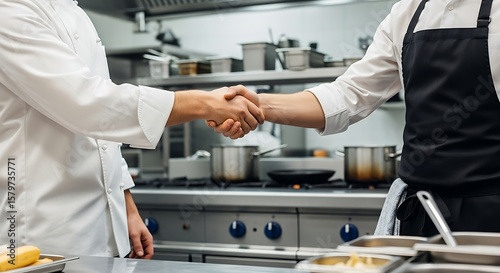 Fototapeta Naklejka Na Ścianę i Meble -  Chefs shaking hands in commercial kitchen, culinary partnership