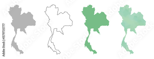 Set of Thailand map silhouettes in gray, outline, flat green, and watercolor texture styles.

