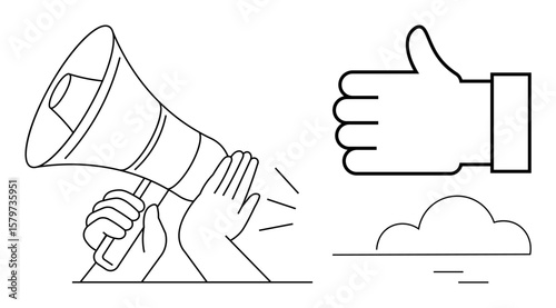 Hand holding a megaphone emitting sound waves, large thumbs-up sign, and minimal cloud. Ideal for marketing, promotion, feedback, approval, public relations, communication teamwork simple landing