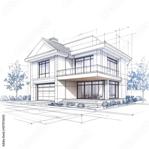Generative AI, Contemporary architectural sketch with pencil and markers of a house facade, technical drawn background 