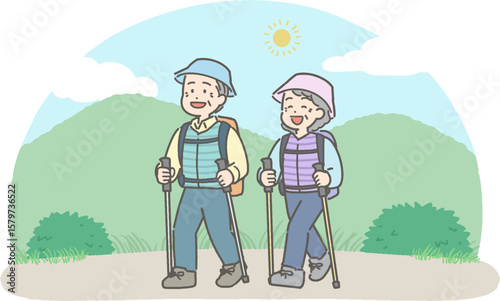 ハイキングや登山をするシニア男女のイラスト

