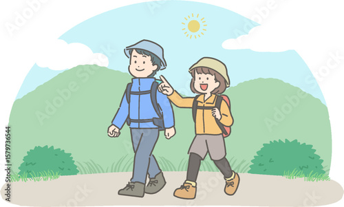 ハイキングや登山をする若い男女のイラスト
