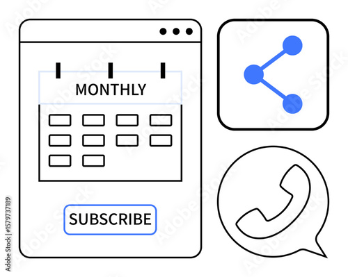 Calendar interface labeled Monthly with a subscribe button, sharing icon, and phone communication symbol. Ideal for subscription plans, scheduling, social engagement, connections, communication