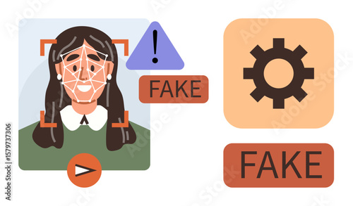 Facial recognition scan highlights counterfeit features tools, warning signs, and alerts flag fake content. Ideal for cybersecurity, AI ethics, technology, fraud prevention, identity verification