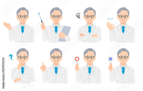 いろいろな表情･ポーズをするシニア男性医師のセット【人物ベクターイラスト素材】