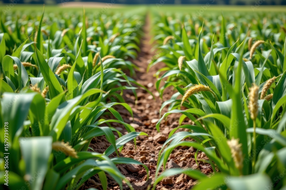Fototapeta premium Lush Green Cornfield with Rows of Corn Plants and Soil Below