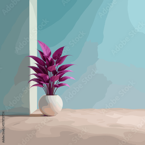 Minimalist Plant in White Pot Against Pastel Background.