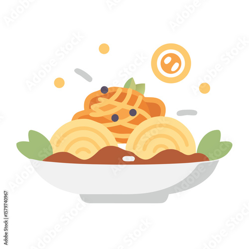 Bowl of pasta with spaghetti and meatballs illustration
