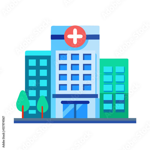 Modern Hospital Building Icon with Trees on Black Background