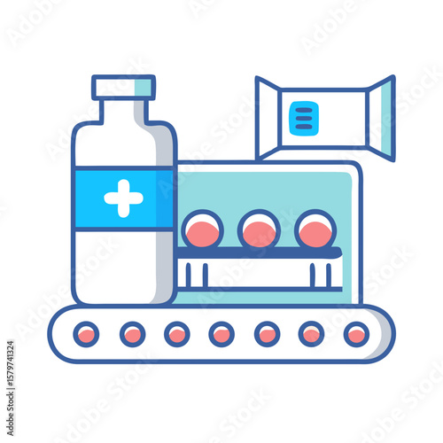 Pharmaceutical Manufacturing Line with Pills and Medicine Bottle