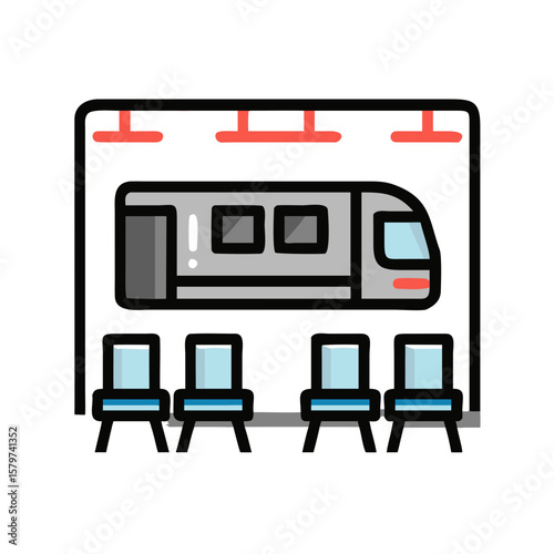 Train Station Platform with Seats and Arriving Train