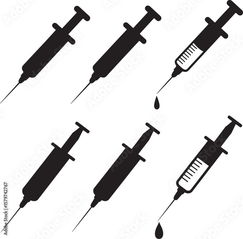 Medical Syringe Icons: Black Silhouette Set, Healthcare, Injection, Vaccination, Graphic Design Elements