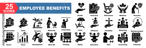 employee benefits icon collection set.Health,Insurance,Retirement,Wellness,Pensions,Compensation,Perks.Flat icon collection.