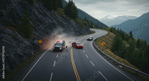 Dramatic car chase scene unfolds on a winding mountain road with collision and visual effects.