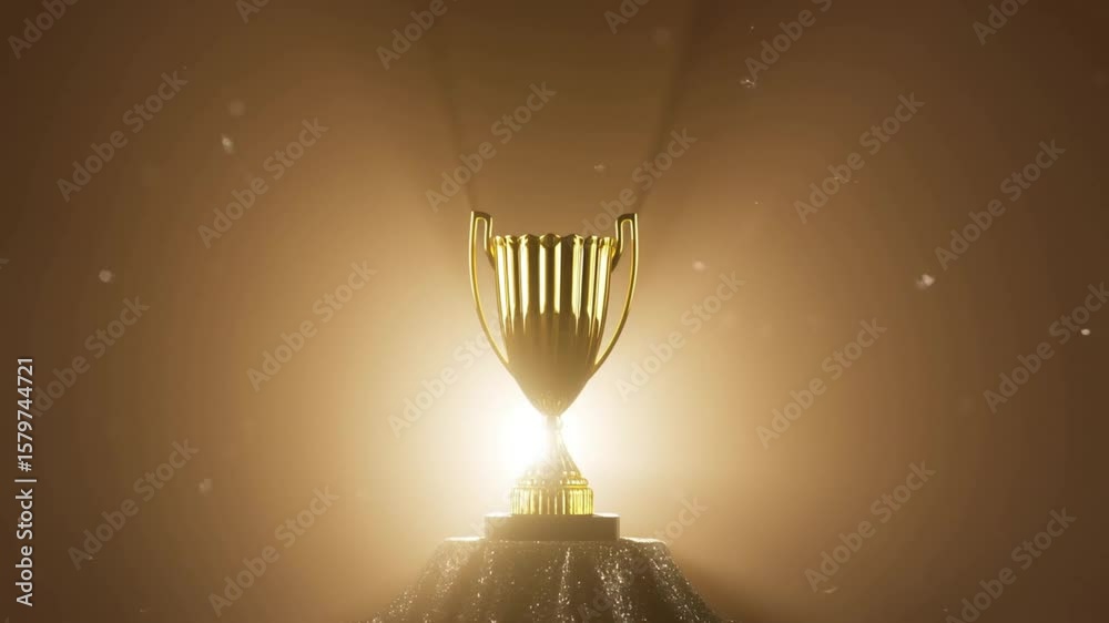 glowing gold trophy on velvet podium with dramatic spotlight and subtle bokeh