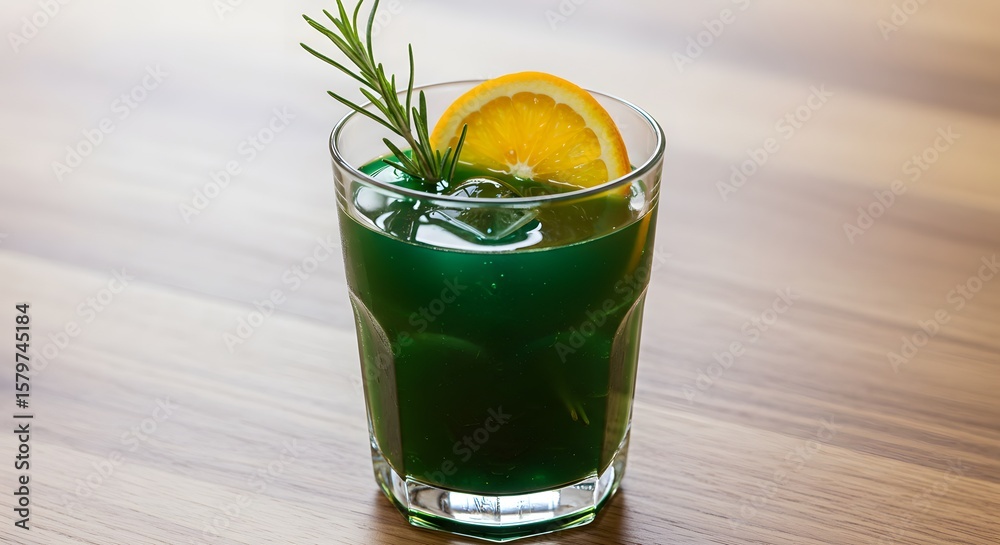Fototapeta premium Refreshing green drink garnished with orange slice and rosemary sprig on a wooden table.