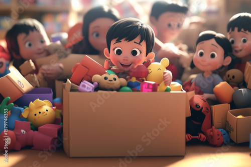 Refugee happy child enjoying toy box from volunteer at donation center. Helping from the war. Humanitarian social assistance to the poor, homeless people.