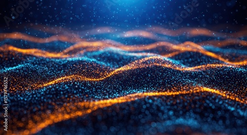 Photo of abstract blue and orange glowing particles form a wavy background pattern