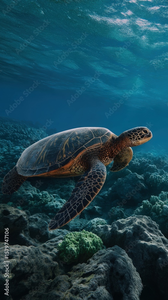 Obraz premium A graceful sea turtle glides through crystal-clear tropical waters above a vibrant coral reef, showcasing marine life near Mexico’s coast.