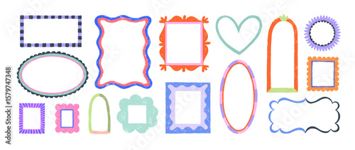Crayon drawn funky picture frames and doodle borders. Cute oval, rectangle and square shaped frames. Whimsical wedding wavy borders with decorative lines. Geometric abstract background.
