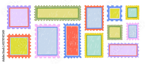 Crayon drawn vintage postcard stamp or picture frames. Funky cartoon post card stamp illustrations. Rectangle and square tex boxes with wavy or zigzag edges. Colorful whimsical boarders and frames.