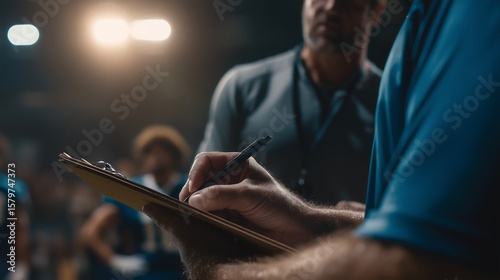 Close-up of Coachs Hands Writing on Clipboard During Sports Game, Strategic Planning, 
