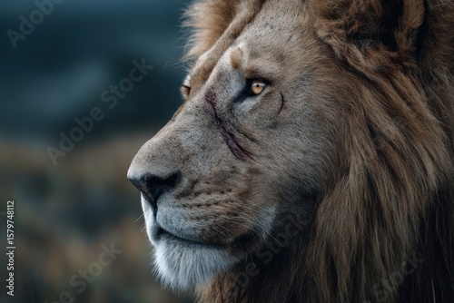 An aging male lion with visible facial scars gazes into the distance, symbolizing strength, survival, and the harsh reality of nature.