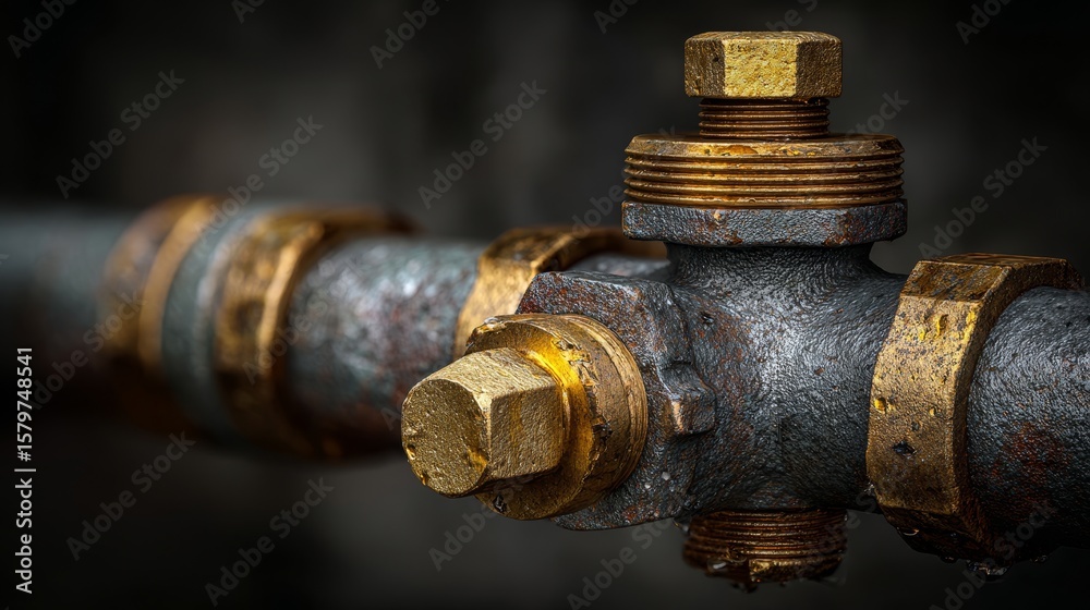 Industrial oil valve with brass fittings and weathered metal textures Industrial oil valve with brass fittings and weathered metal textures