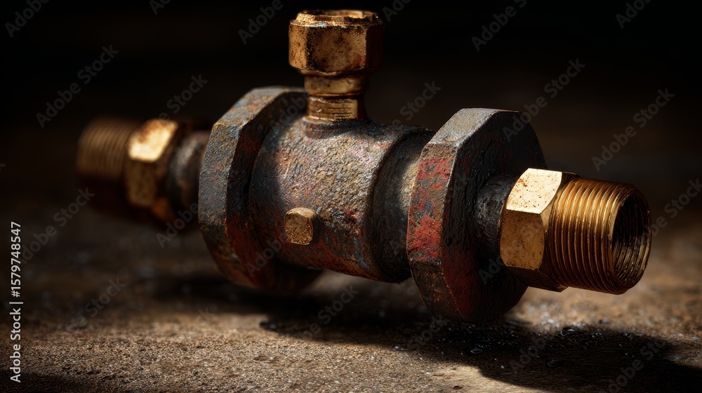 Industrial oil valve with brass fittings and weathered metal textures Industrial oil valve with brass fittings and weathered metal textures
