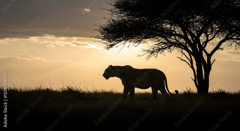 Fototapeta premium Serene Sunset Silhouette: A Leopard's Majestic Stroll