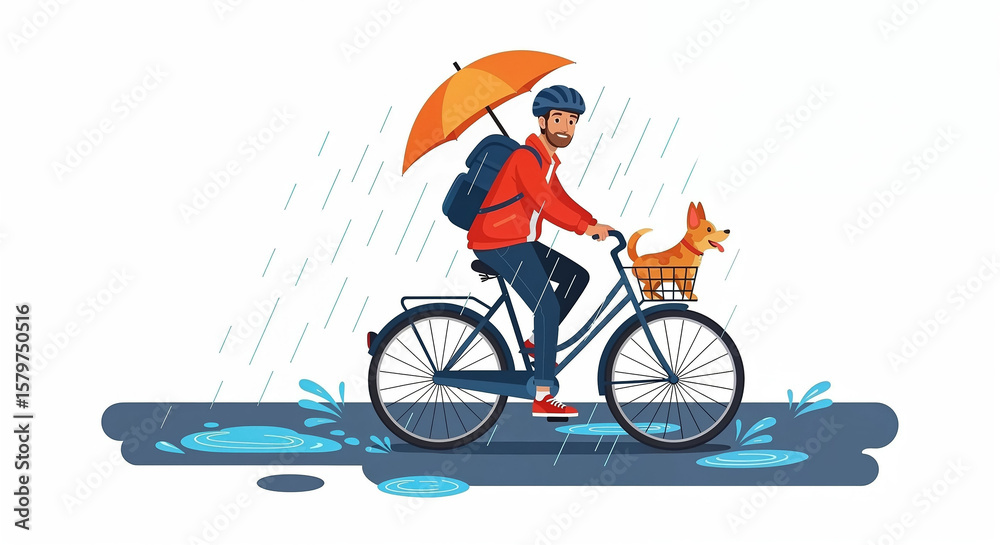 Fototapeta premium Man riding bicycle with dog in basket under umbrella in rain