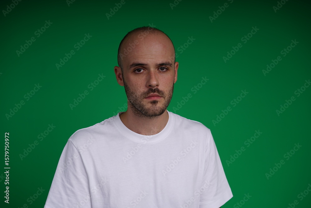 Fototapeta premium young man wearing a white t-shirt standing against a green background. Studio shot with copy space.