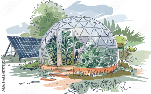 This image displays a futuristic geodesic dome, designed as a greenhouse or living space, surrounded by lush vegetation.