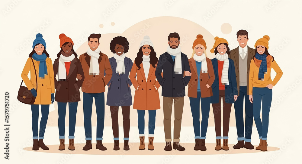 Obraz premium Diverse group of people wearing winter clothes smiling together
