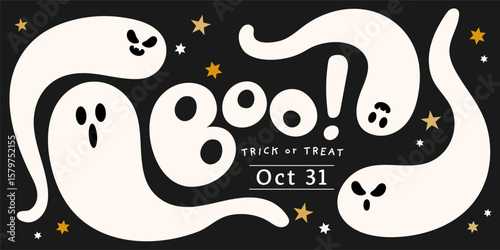 Cuadro en lienzo Happy halloween invitation card with cute ghost in horror night